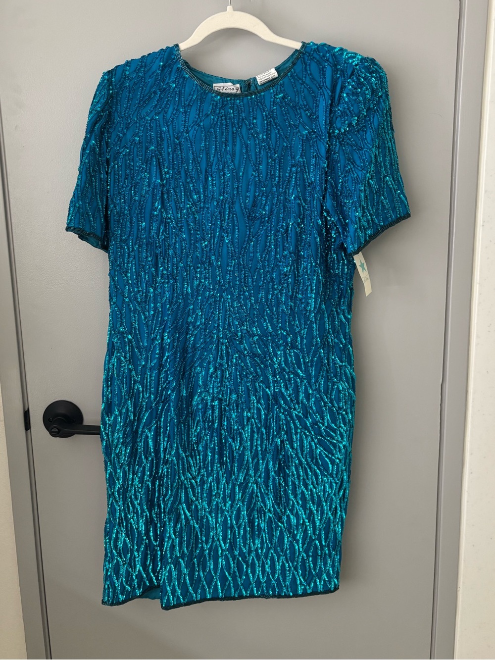 Vintage Sténay Teal Blue Silk Sequin Beaded Dress